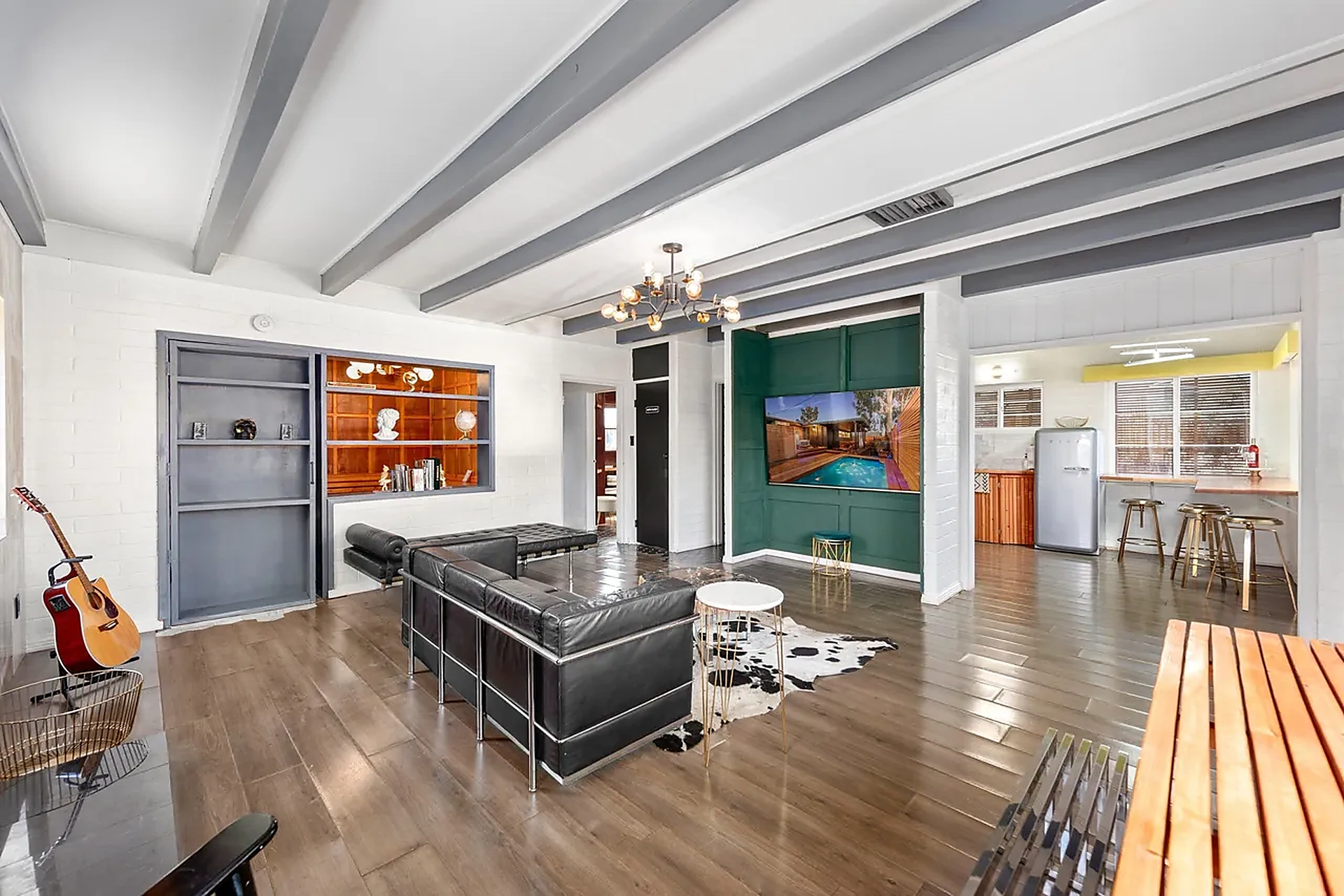 Open concept living with exposed beams