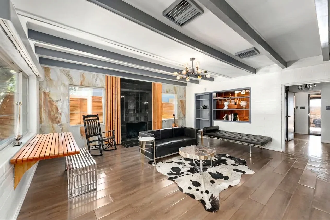 Living room with marble fireplace