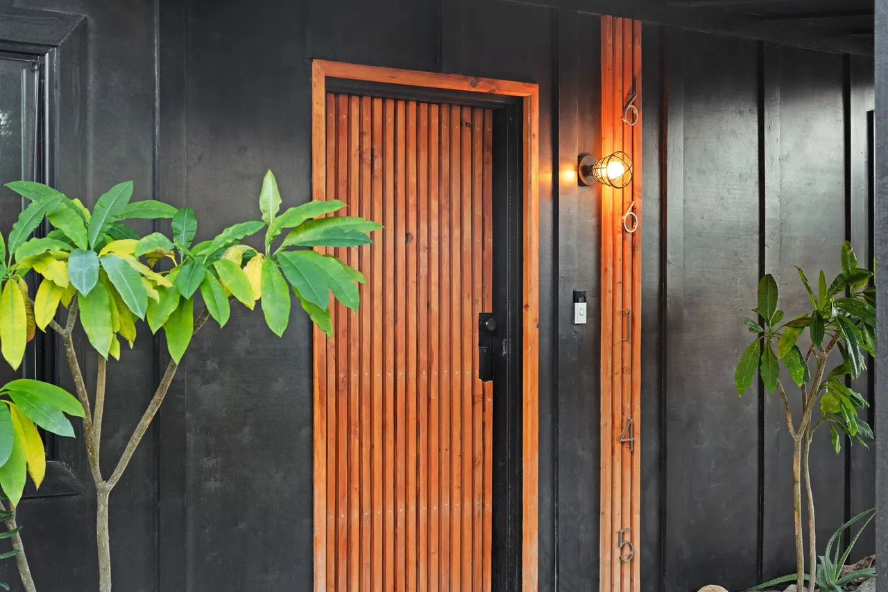 Custom wood door with address numbers